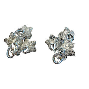 Vintage Mid Century Clip On Earrings Silver Textured Dimensional Mod Flowers